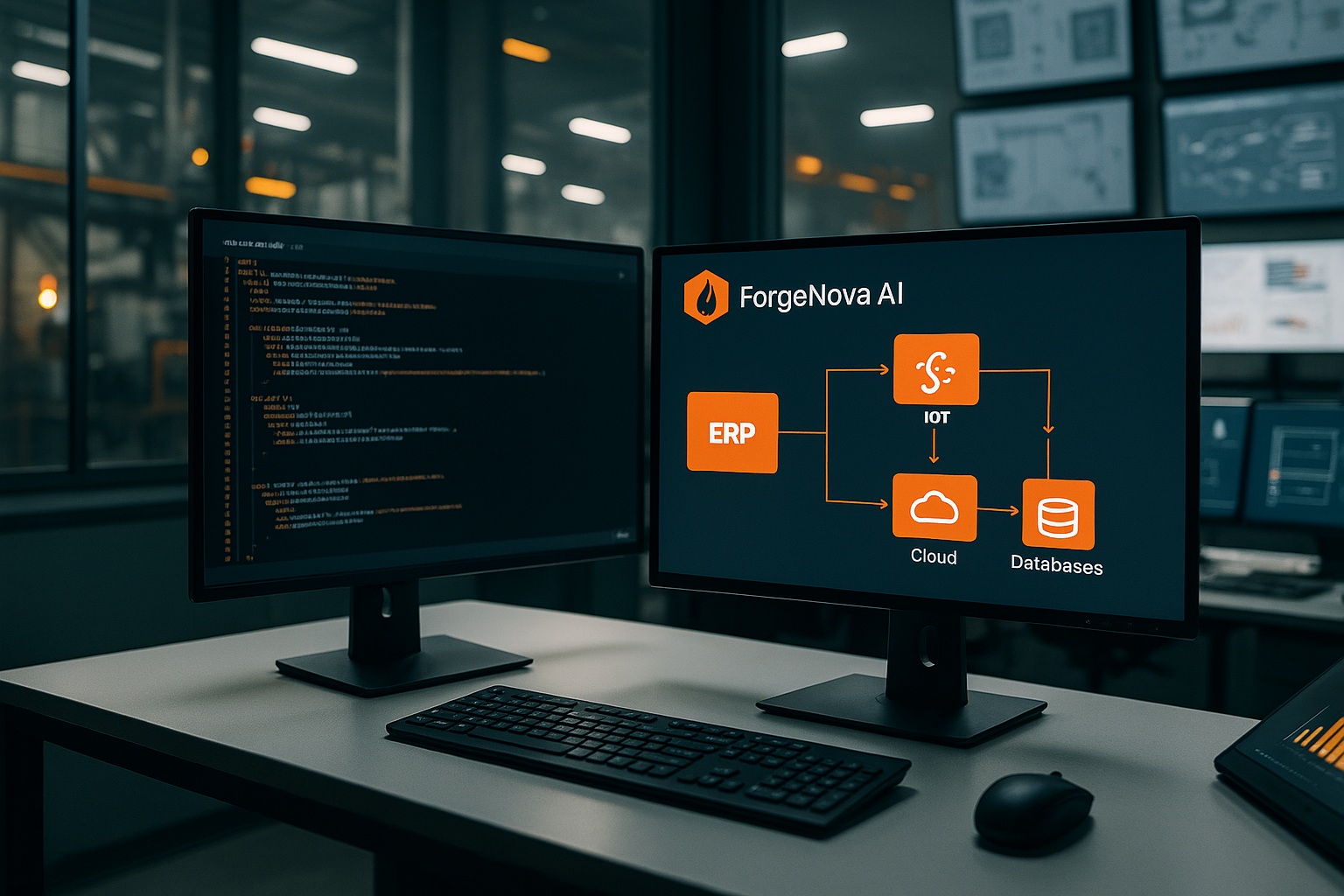 Industrial control room with integrations diagram on screen